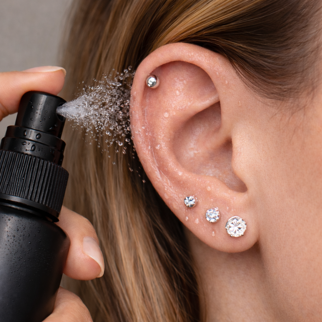Een helix piercing wordt extra verzorgd met een zoutoplossing 