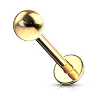Goudkleurige labret piercing van chirurgisch staal met een minimalistisch en tijdloos design. Geschikt voor oor en lip. De subtiele glans zorgt voor een rustige, stijlvolle uitstraling met een platte achterkant voor comfortabel dragen.
