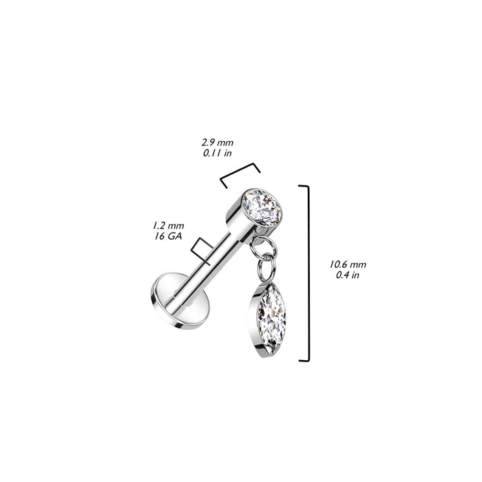 Zilverkleurige titanium labret met hanger. maat in mm, elegant effect in helix