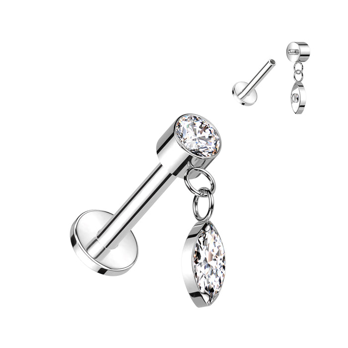 Labret met subtiel hangertje, zilverkleurig titanium. geschikt voor helix of tragus