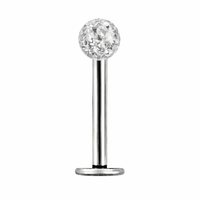 Zilverkleurige labret piercing van chirurgisch staal met multi kristal clear afwerking en wax gecoat balletje. Geschikt voor oor en lip met sprankelend steendesign en platte achterkant.