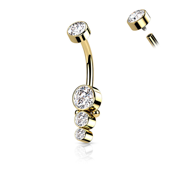 Navelpiercing Drie Zirconia Steentjes in pvd goudkleurig chirurgisch staal 