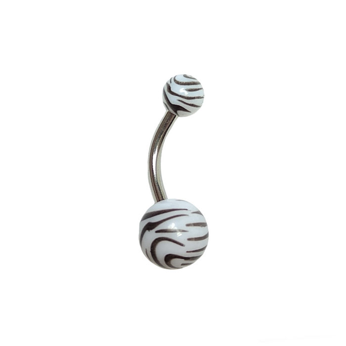 Navelpiercing met witte tijgerprint van acryl en chirurgisch staal, licht en comfortabel.
