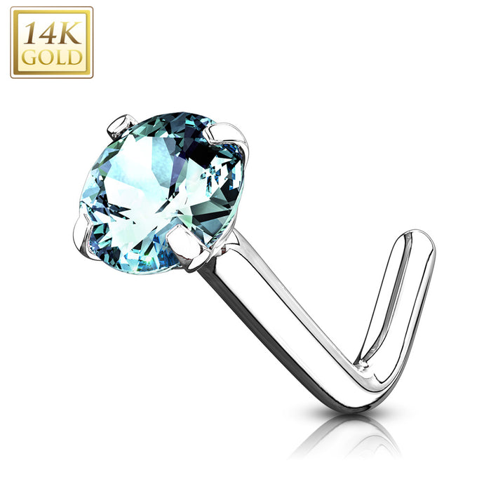 L-vormige neuspiercing met blauwe zirconia, 14kt witgoud, minimalistisch design voor de neusvleugel