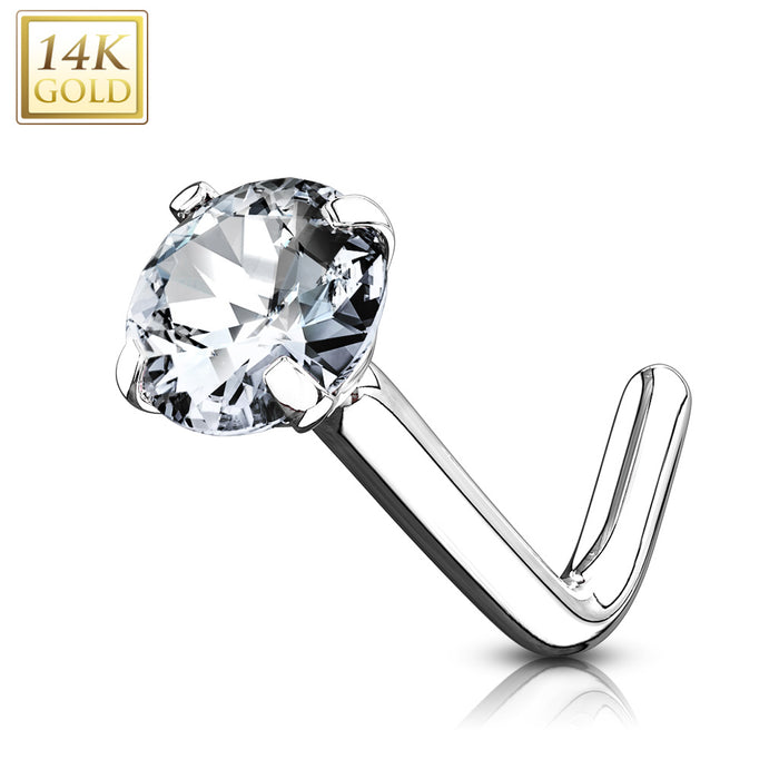 Neuspiercing L-vorm met heldere zirconia in 14kt witgoud 