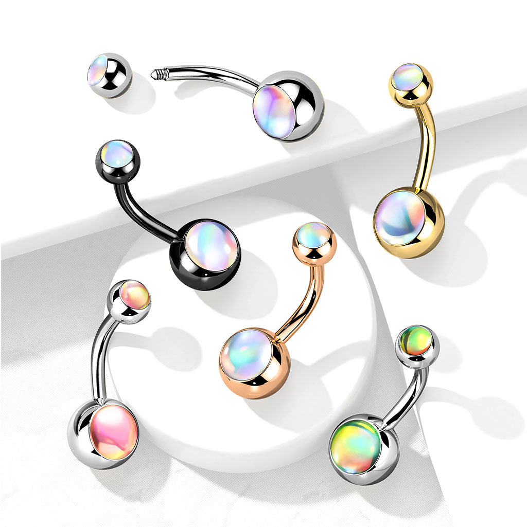 Meerdere navelpiercings met gladde multicolor steen in goudkleur, zilver, rosé of zwart