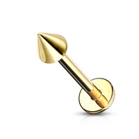 Goudkleurige labret piercing met spike van chirurgisch staal. Geschikt voor oor en lip. Opvallend en comfortabel dankzij de platte achterkant.