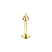 Goudkleurige labret piercing met puntige spike van PVD-coating op chirurgisch staal.