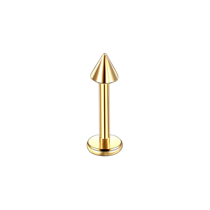 Goudkleurige labret piercing met puntige spike van PVD-coating op chirurgisch staal.