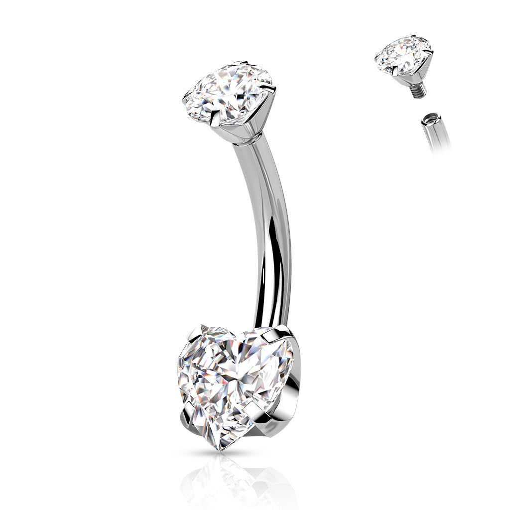 Zilverkleurige navelpiercing met kristallen in hartvorm van titanium