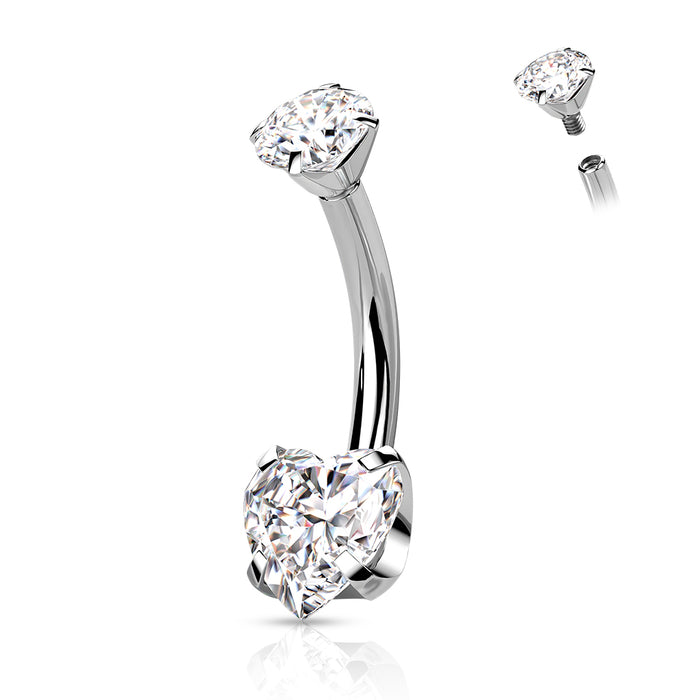 Zilverkleurige navelpiercing met kristallen in hartvorm van titanium