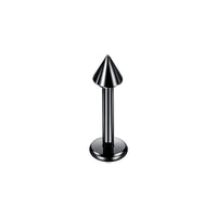 Zwarte labret piercing van chirurgisch staal met een puntige spike – modern en edgy stijl.