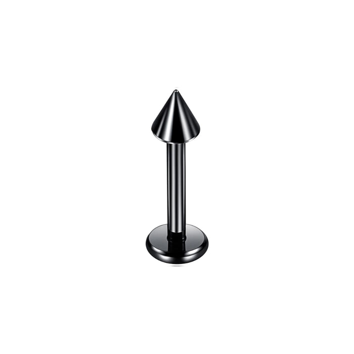 Zwarte labret piercing van chirurgisch staal met een puntige spike – modern en edgy stijl.