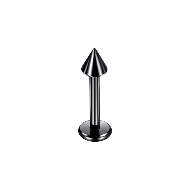 Zwarte labret piercing van chirurgisch staal met een puntige spike – modern en edgy stijl.