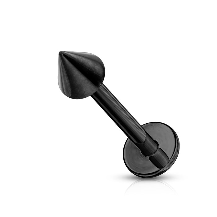 Zwarte labret piercing van chirurgisch staal met een puntige spike – modern en stijlvol.
