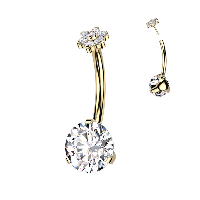 Goudkleurige navelpiercing met bloemvormige top – titanium met PVD coating