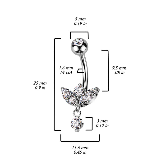 Goudkleurige hangerpiercing met marquise vorm, inclusief afmetingen en staafdikte