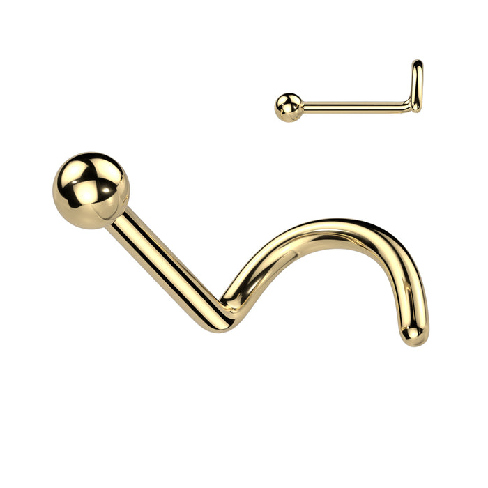 Goudkleurige neuspiercing van titanium voor de nostril.