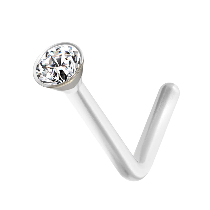 Subtiele neuspiercing met helder kristal, gemaakt van flexibel Bioflex, ideaal voor dagelijks gebruik.