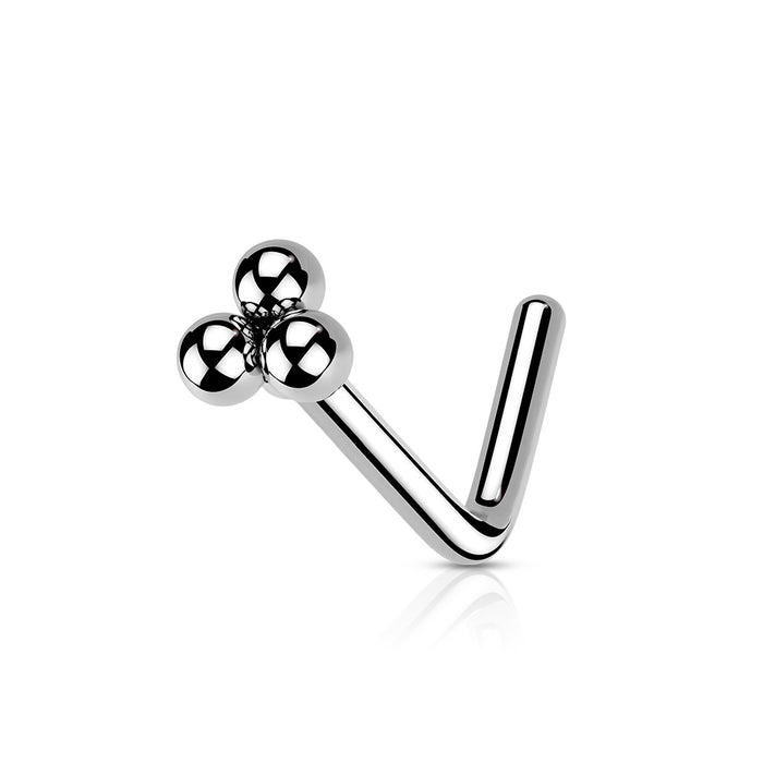 Zilverkleurige triple L-vorm neuspiercing met drie bolletjes– chirurgisch staal