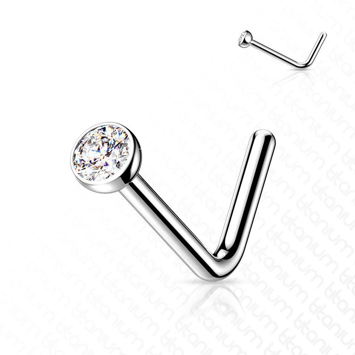 L-vormige neuspiercing van titanium met helder kristal, geschikt voor gevoelige huid