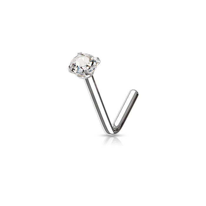 Zilverkleurige L-vorm neuspiercing met fonkelende zirconia van chirurgisch staal voor de nostril.