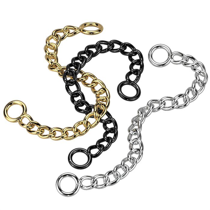 Piercing kettingen in zwart, goud en zilverkleurige varianten, diverse lengtes.